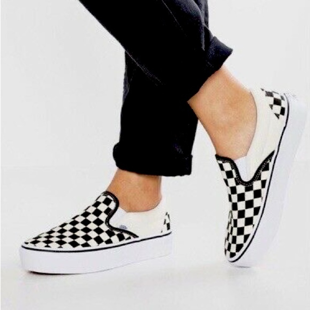 Womens Vans Checkered Slip Ons - Black and White
